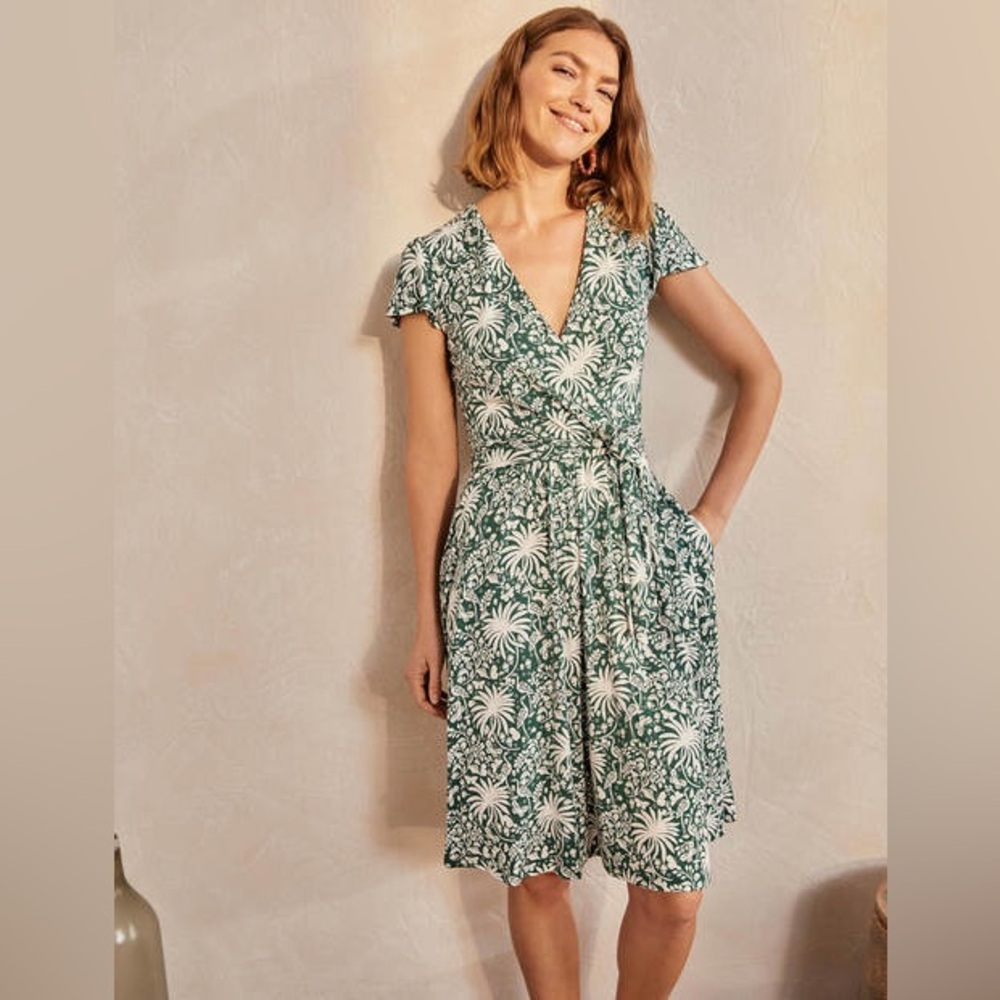 Boden Evangeline Jersey Wrap Dress Size 14 Green White Floral Bird Butterfly